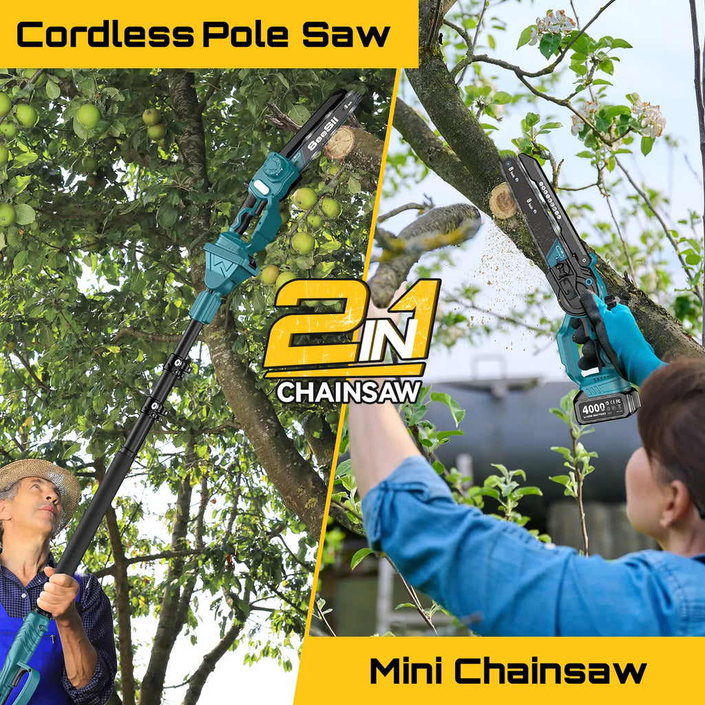 2 in 1 Cordless Pole Saw & Mini Chainsaw ,Working height 16FT Reach