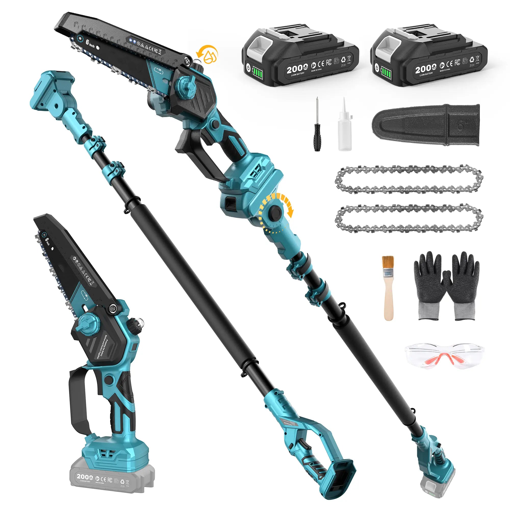2 in 1 Cordless Pole Saw & Mini Chainsaw ,Working height 16FT Reach